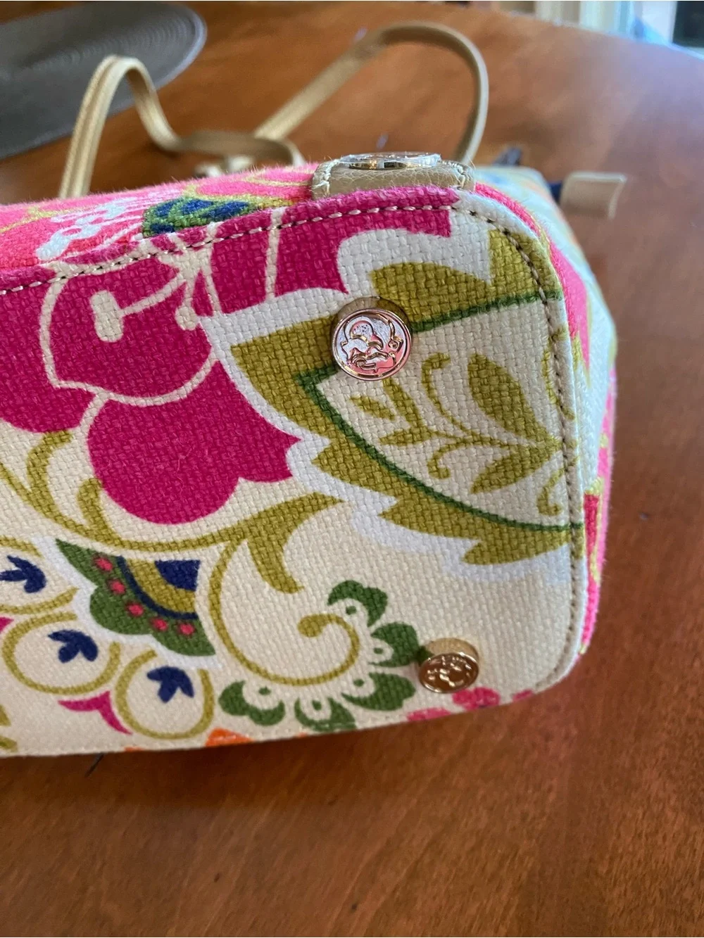 Spartina 449 Floral Canvas Tote in Pink Multi with Gold Handles